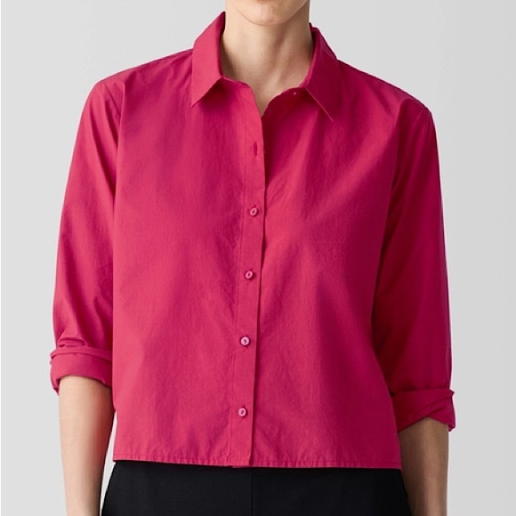 Eileen Fisher Washed Organic Cotton Poplin Classic Collar Short Shirt, Azalea, S - Picture 1 of 13